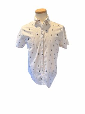 Denim & Flower White Short-Sleeve Button-Down with Navy Print